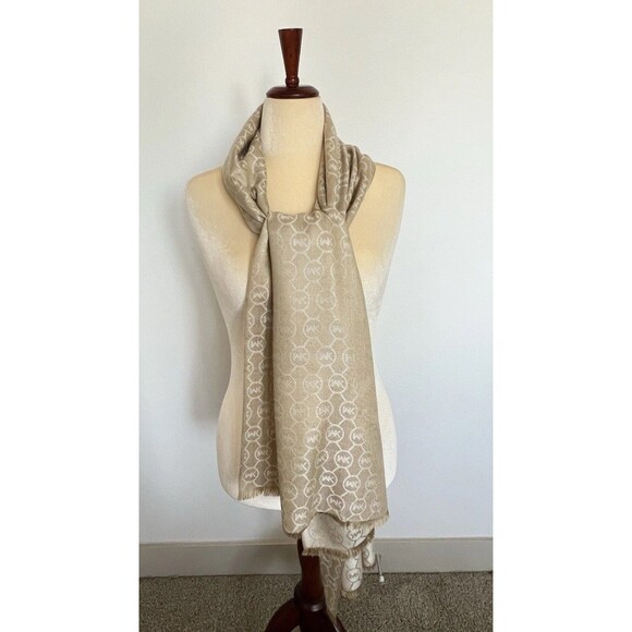 Michael Kors Women Scarf  MK Logo Gold/Cream Reversible 24”W X 72” L - Picture 1 of 11